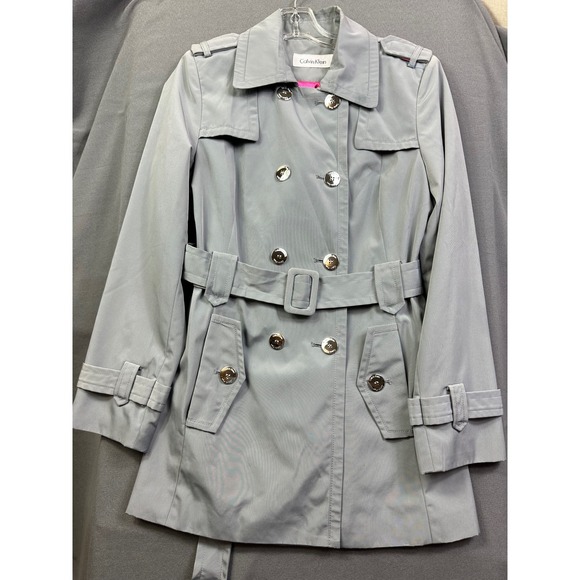 Calvin Klein Women's Light Gray Double Breasted Belted Trench Coat size S Small - Picture 1 of 13